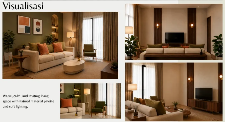 Final Project Bootcamp Desain Interior: Living Room "Earthy Elegance" Pendekatan Modern Mid-Century