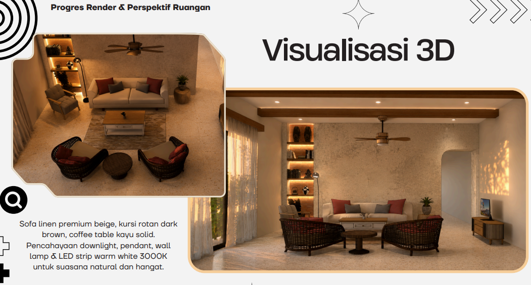 Final Project Bootcamp Desain Interior: Perancangan Ruang Tamu Rustic Scandinavian Tropical tambahan