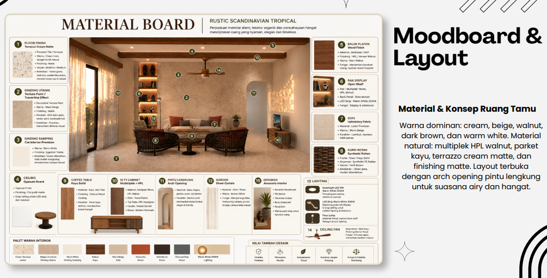Final Project Bootcamp Desain Interior: Perancangan Ruang Tamu Rustic Scandinavian Tropical tambahan